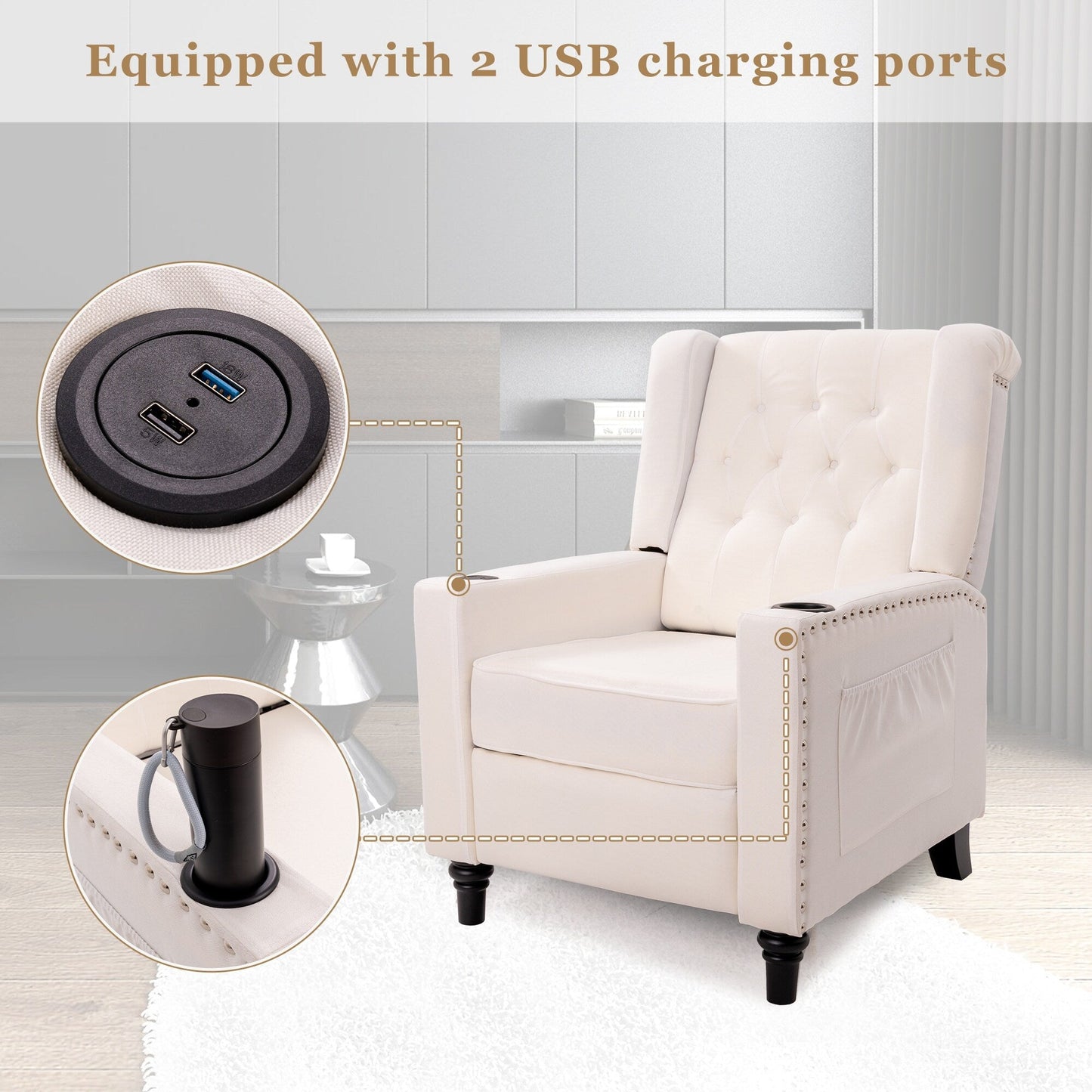 Poltrona reclinabile con schienale ad ala regolabile, poltrona con testa di chiodo, poltrona imbottita grande