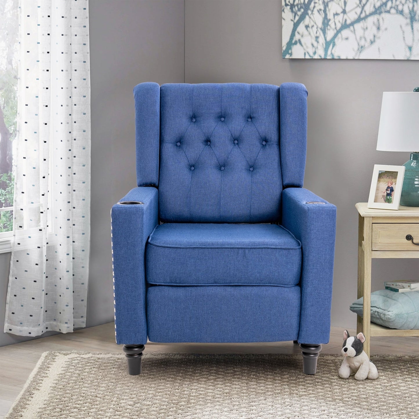 Poltrona reclinabile con schienale ad ala regolabile, poltrona con testa di chiodo, poltrona imbottita grande