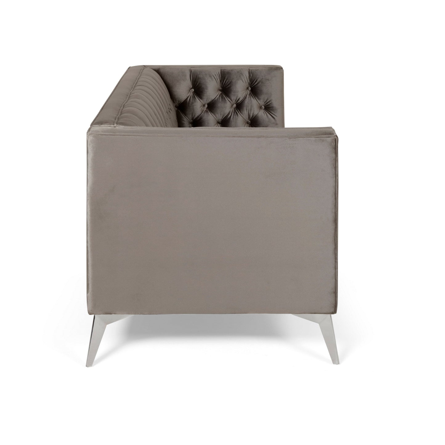 Divano Aeny da 87 pollici, 3 posti, tessuto grigio trapuntato, gambe cromate angolate