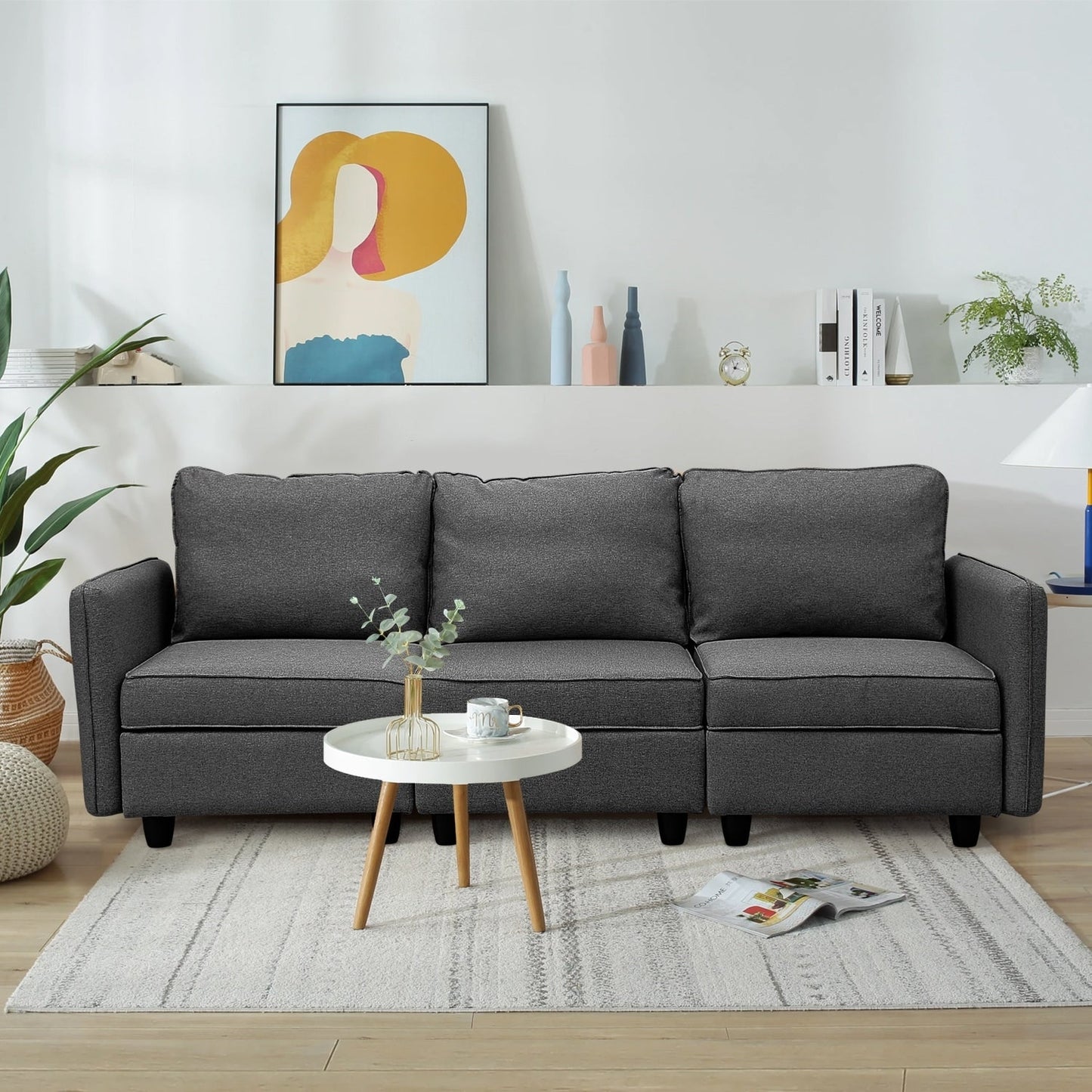 Divano con contenitore, divano imbottito con moderno tessuto di lino