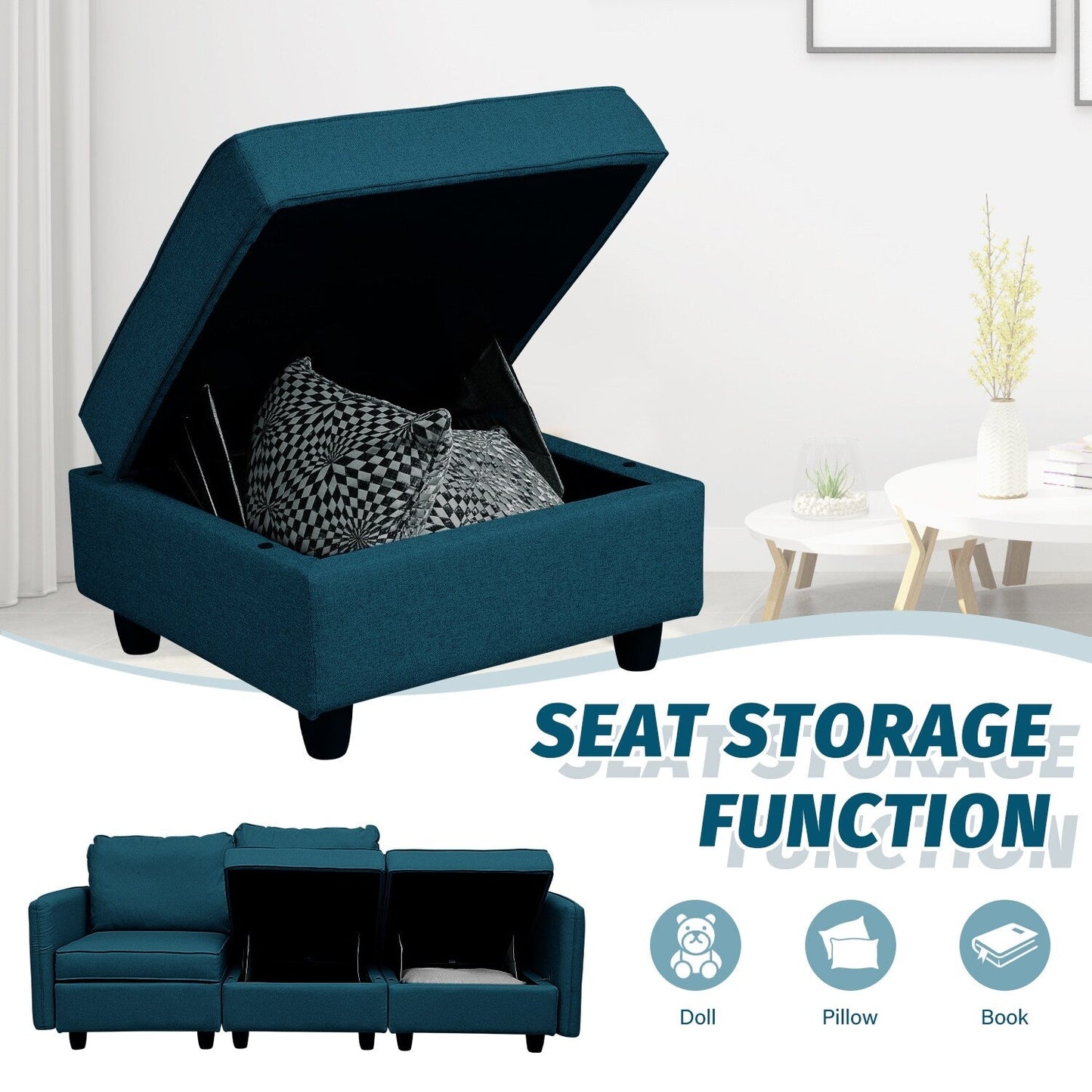 Divano con contenitore, divano imbottito con moderno tessuto di lino