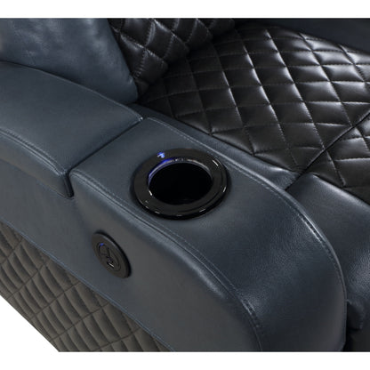 Poltrona reclinabile Aire Power Motion in pelle blu e nera Alair con Bluetooth, caricabatterie wireless e portabicchieri