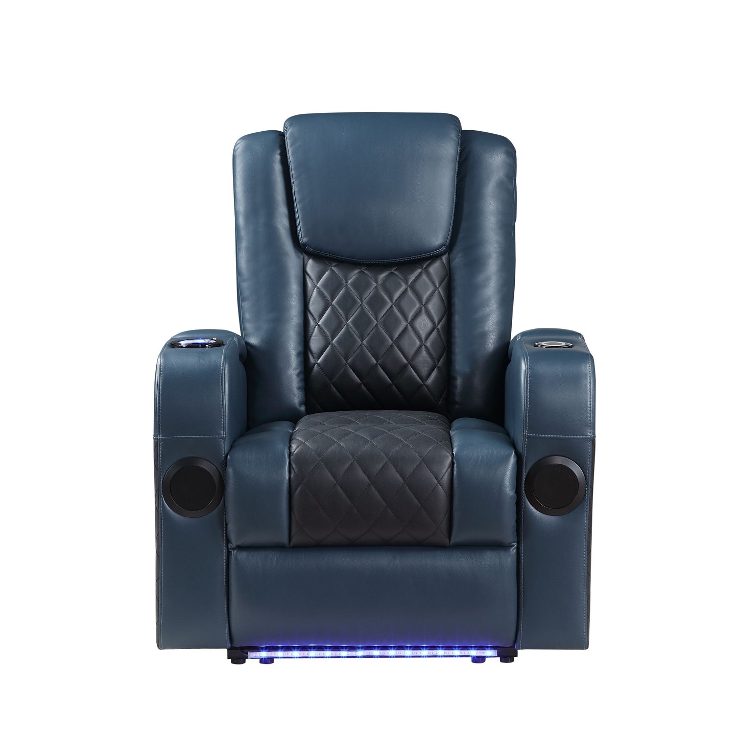 Poltrona reclinabile Aire Power Motion in pelle blu e nera Alair con Bluetooth, caricabatterie wireless e portabicchieri