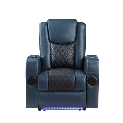 Poltrona reclinabile Aire Power Motion in pelle blu e nera Alair con Bluetooth, caricabatterie wireless e portabicchieri
