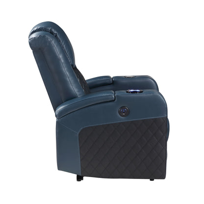 Poltrona reclinabile Aire Power Motion in pelle blu e nera Alair con Bluetooth, caricabatterie wireless e portabicchieri
