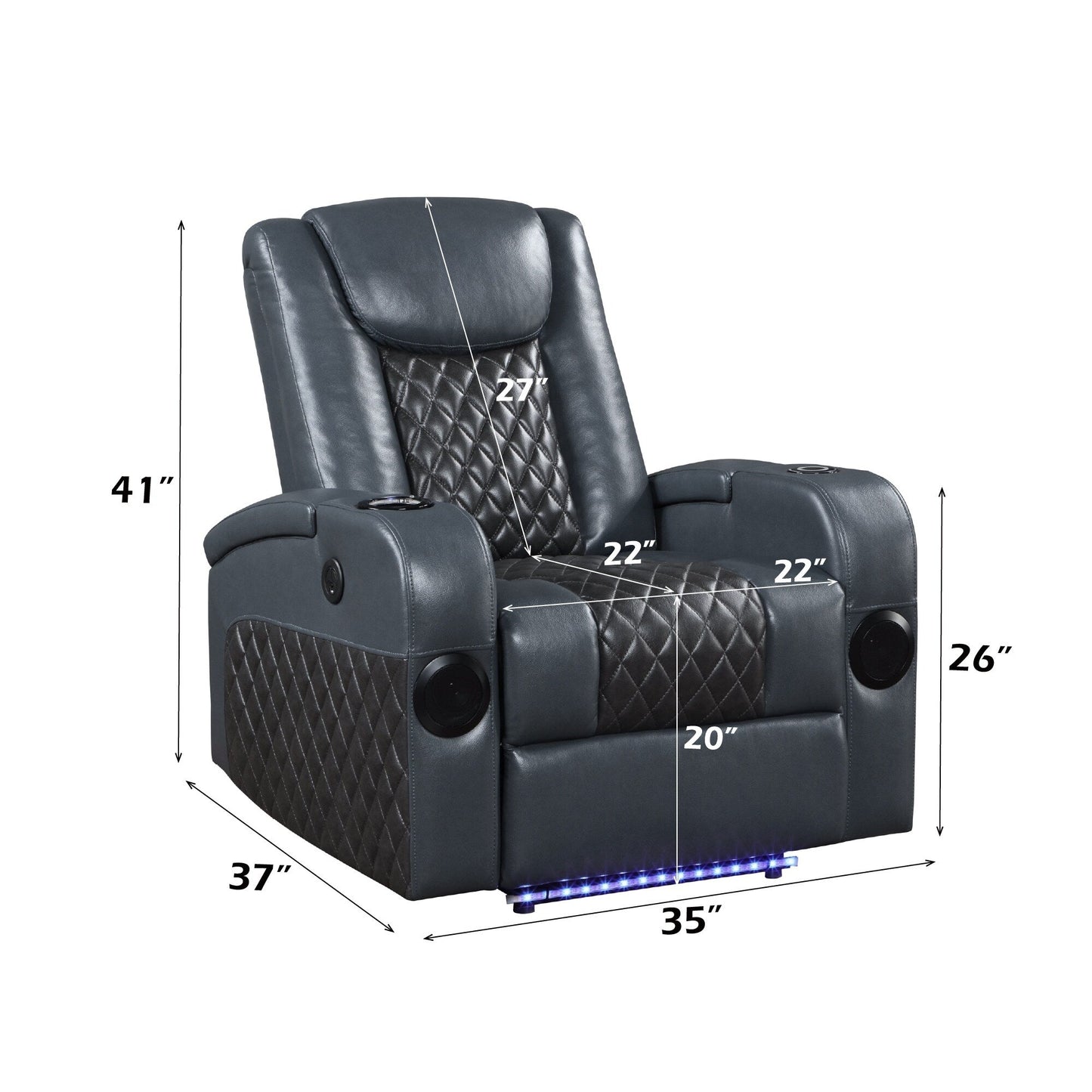 Poltrona reclinabile Aire Power Motion in pelle blu e nera Alair con Bluetooth, caricabatterie wireless e portabicchieri