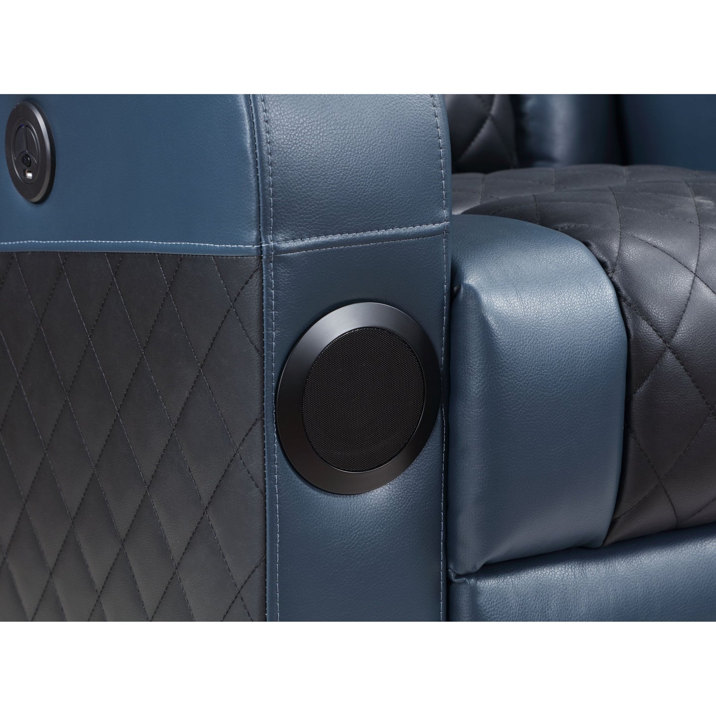 Poltrona reclinabile Aire Power Motion in pelle blu e nera Alair con Bluetooth, caricabatterie wireless e portabicchieri