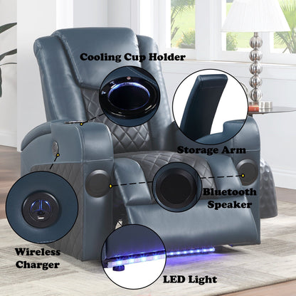 Poltrona reclinabile Aire Power Motion in pelle blu e nera Alair con Bluetooth, caricabatterie wireless e portabicchieri