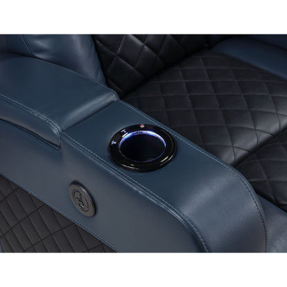 Poltrona reclinabile Aire Power Motion in pelle blu e nera Alair con Bluetooth, caricabatterie wireless e portabicchieri