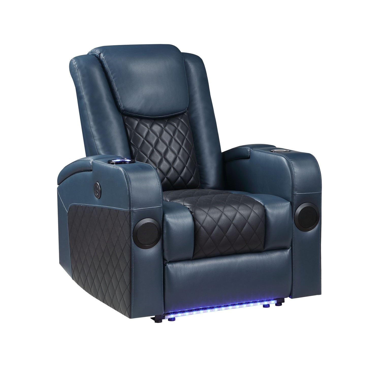 Poltrona reclinabile Aire Power Motion in pelle blu e nera Alair con Bluetooth, caricabatterie wireless e portabicchieri