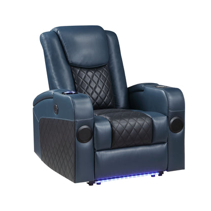Poltrona reclinabile Aire Power Motion in pelle blu e nera Alair con Bluetooth, caricabatterie wireless e portabicchieri