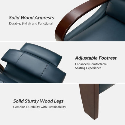 Poltrona reclinabile manuale Alex Mid-Century Modern in vera pelle con braccioli curvi in ​​legno, set da 2