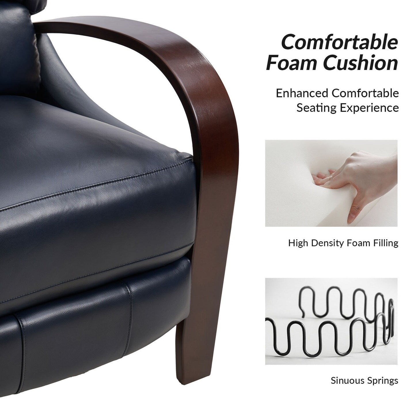 Poltrona reclinabile manuale Alex Mid-Century Modern in vera pelle con braccioli curvi in ​​legno, set da 2