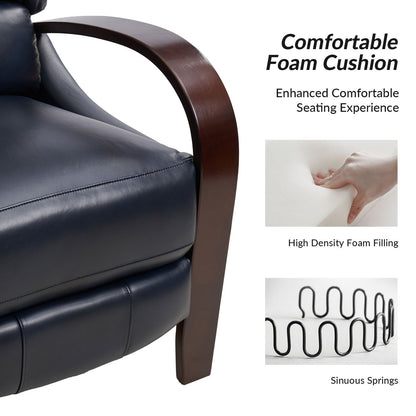 Poltrona reclinabile manuale Alex Mid-Century Modern in vera pelle con braccioli curvi in ​​legno, set da 2