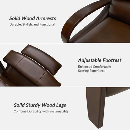 Poltrona reclinabile manuale Alex Mid-Century Modern in vera pelle con braccioli curvi in ​​legno, set da 2