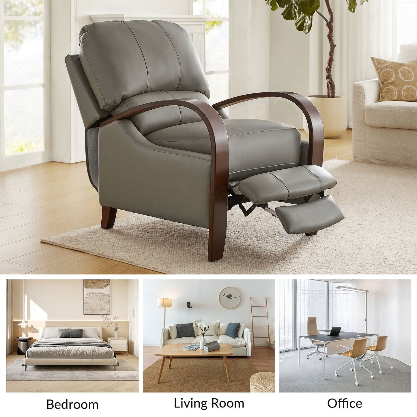 Poltrona reclinabile manuale Alex Mid-Century Modern in vera pelle con braccioli curvi in ​​legno, set da 2