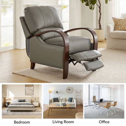 Poltrona reclinabile manuale Alex Mid-Century Modern in vera pelle con braccioli curvi in ​​legno, set da 2