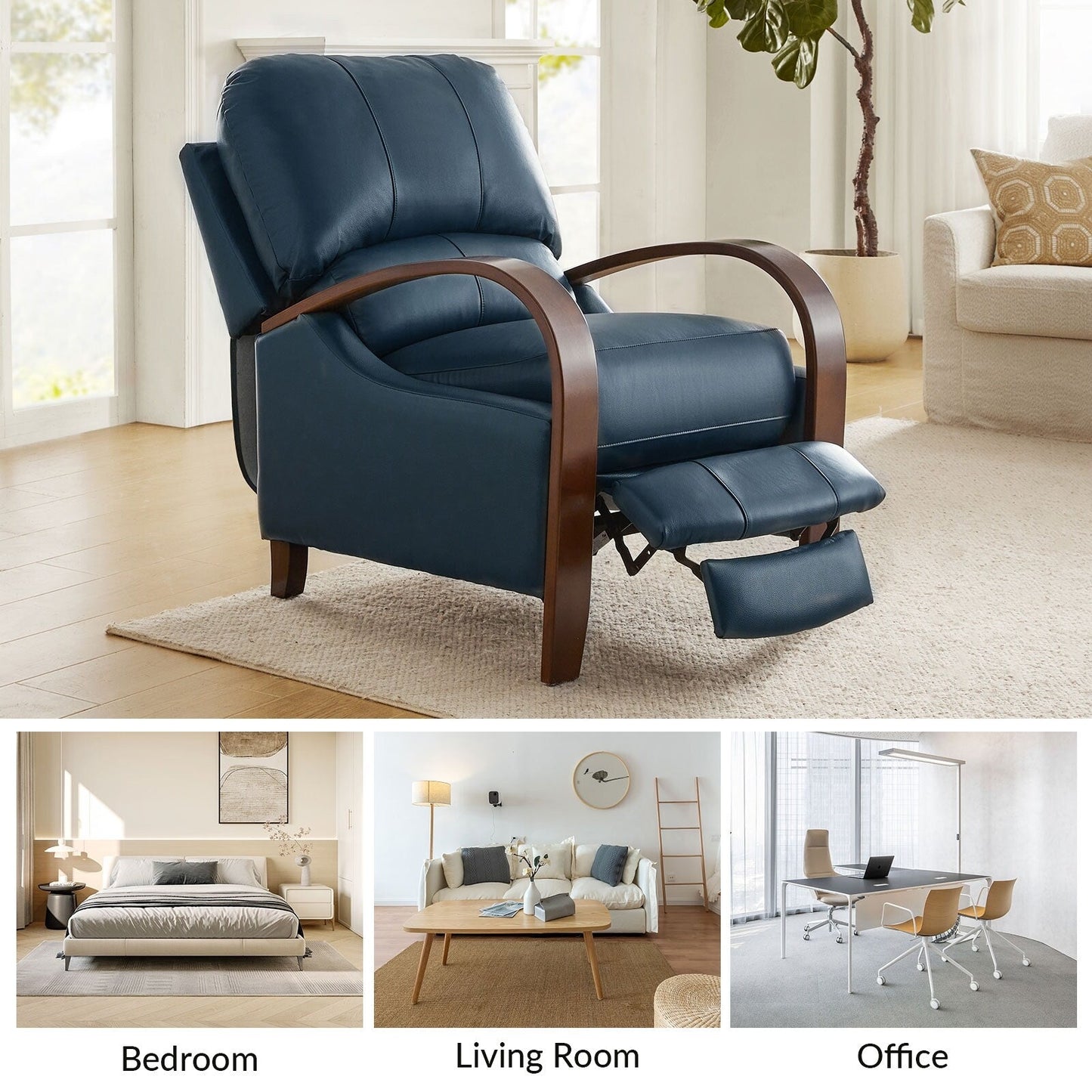 Poltrona reclinabile manuale Alex Mid-Century Modern in vera pelle con braccioli curvi in ​​legno, set da 2