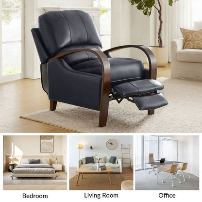 Poltrona reclinabile manuale Alex Mid-Century Modern in vera pelle con braccioli curvi in ​​legno, set da 2