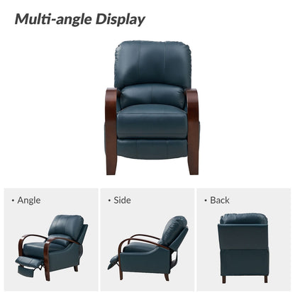 Poltrona reclinabile manuale Alex Mid-Century Modern in vera pelle con braccioli curvi in ​​legno, set da 2