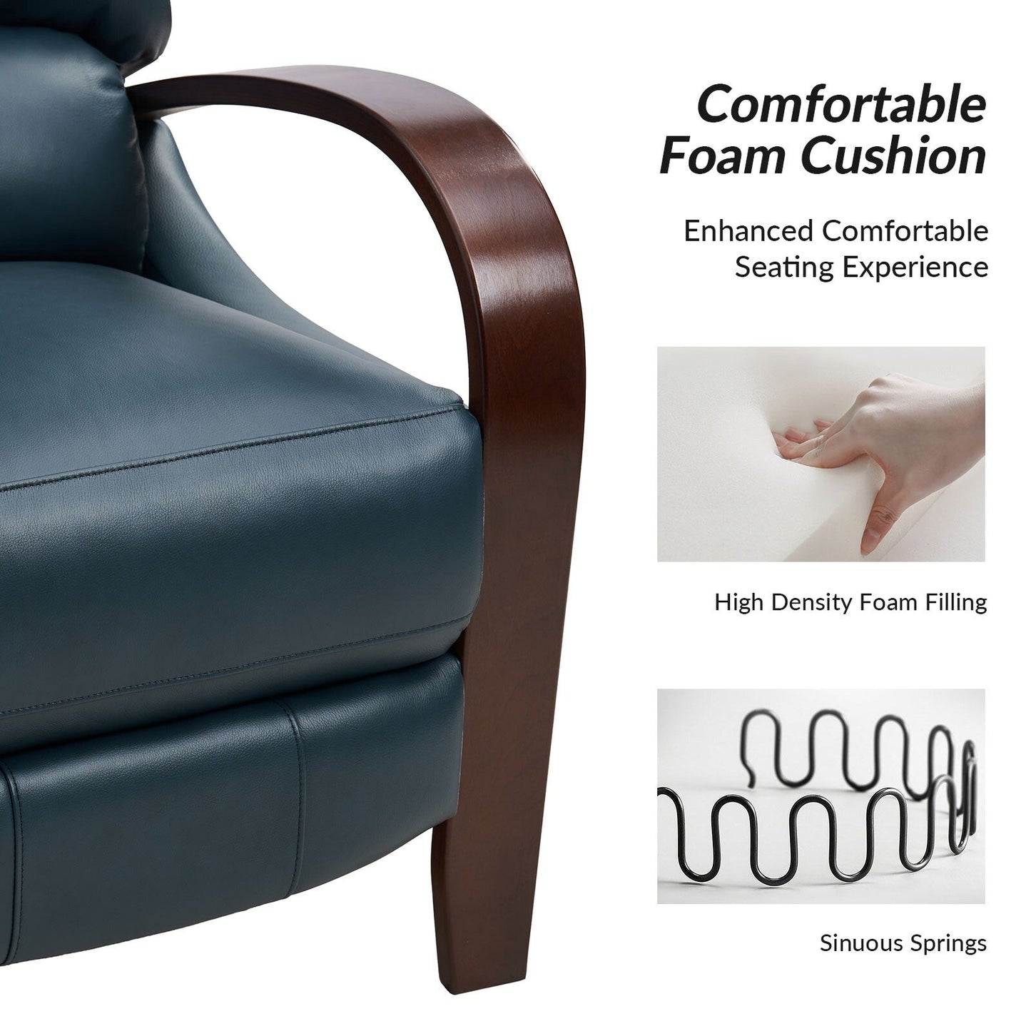 Poltrona reclinabile manuale Alex Mid-Century Modern in vera pelle con braccioli curvi in ​​legno, set da 2