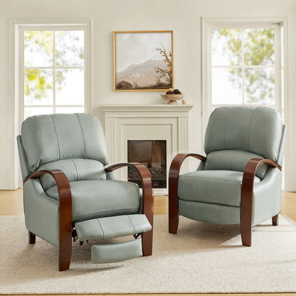 Poltrona reclinabile manuale Alex Mid-Century Modern in vera pelle con braccioli curvi in ​​legno, set da 2