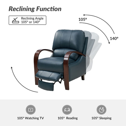 Poltrona reclinabile manuale Alex Mid-Century Modern in vera pelle con braccioli curvi in ​​legno, set da 2