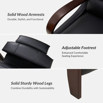 Poltrona reclinabile manuale Alex Mid-Century Modern in vera pelle con braccioli curvi in ​​legno, set da 2