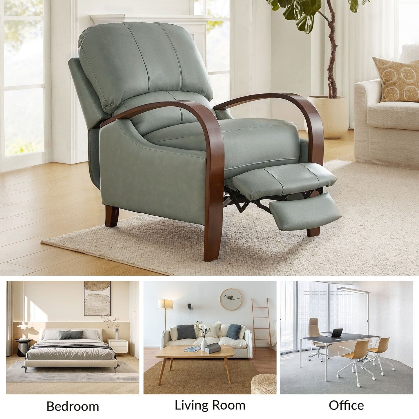 Poltrona reclinabile manuale Alex Mid-Century Modern in vera pelle con braccioli curvi in ​​legno, set da 2