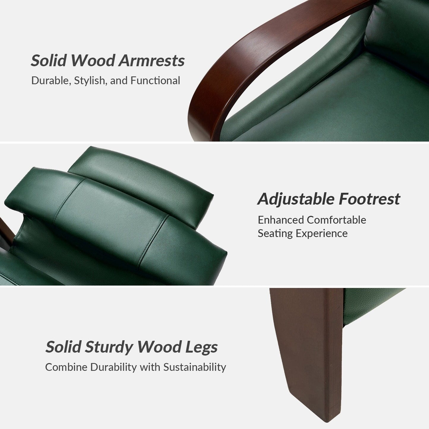 Poltrona reclinabile manuale Alex Mid-Century Modern in vera pelle con braccioli curvi in ​​legno, set da 2