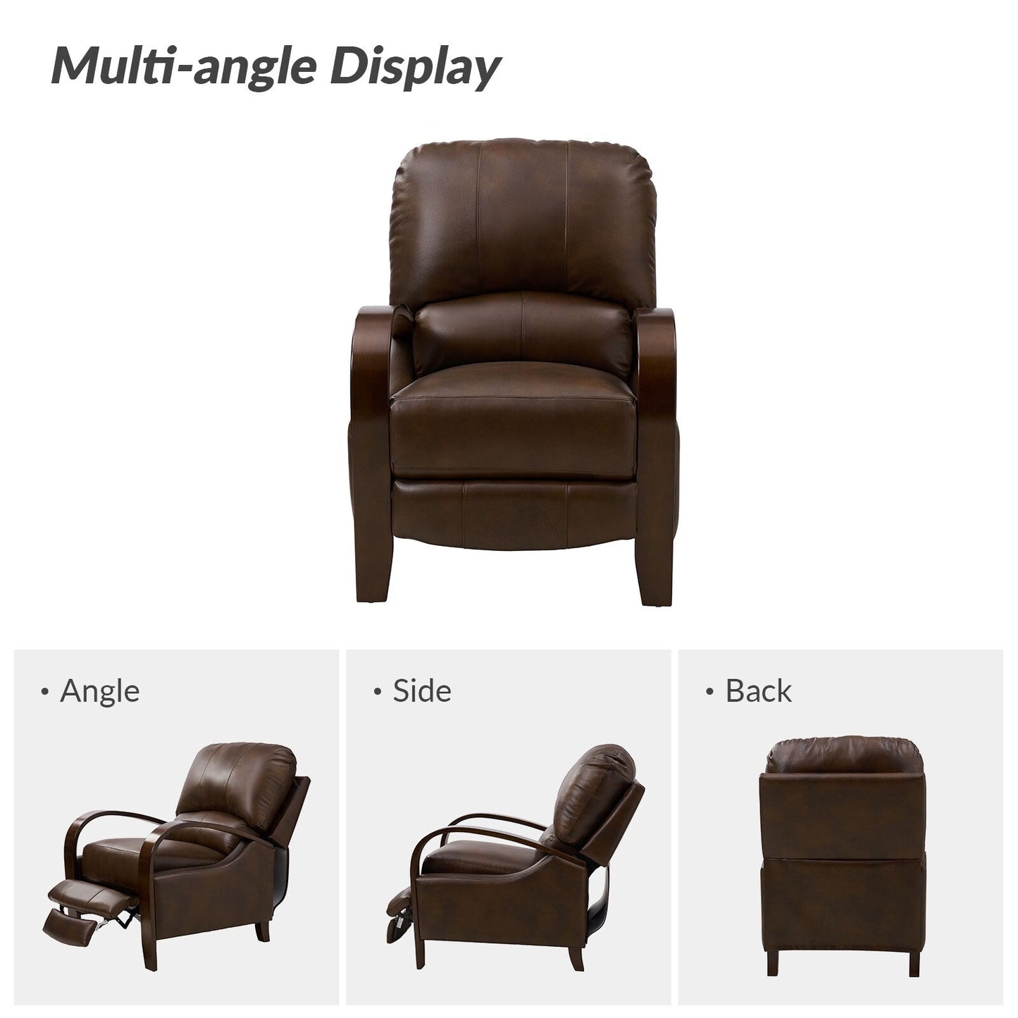 Poltrona reclinabile manuale Alex Mid-Century Modern in vera pelle con braccioli curvi in ​​legno, set da 2