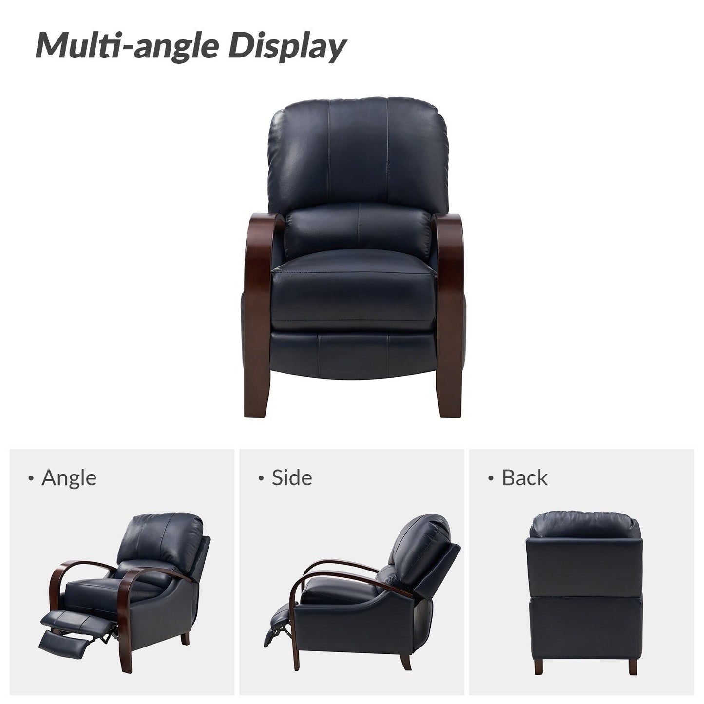 Poltrona reclinabile manuale Alex Mid-Century Modern in vera pelle con braccioli curvi in ​​legno, set da 2