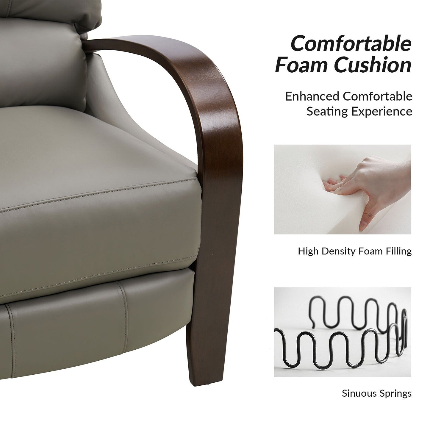 Poltrona reclinabile manuale Alex Mid-Century Modern in vera pelle con braccioli curvi in ​​legno, set da 2