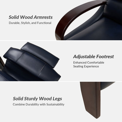 Poltrona reclinabile manuale Alex Mid-Century Modern in vera pelle con braccioli curvi in ​​legno, set da 2