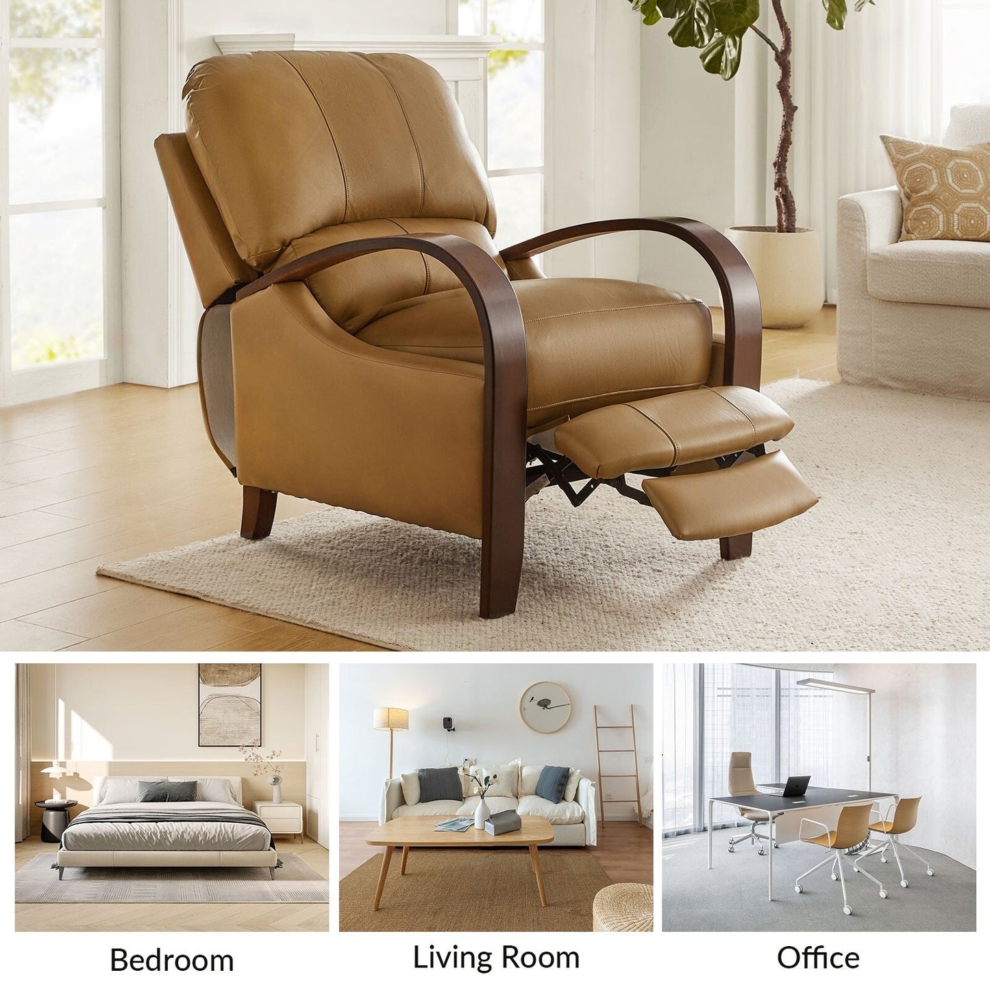 Poltrona reclinabile manuale Alex Mid-Century Modern in vera pelle con braccioli curvi in ​​legno, set da 2