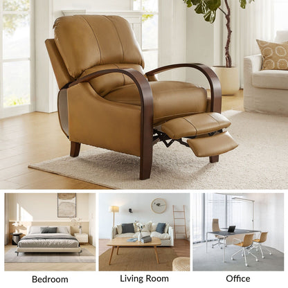 Poltrona reclinabile manuale Alex Mid-Century Modern in vera pelle con braccioli curvi in ​​legno, set da 2