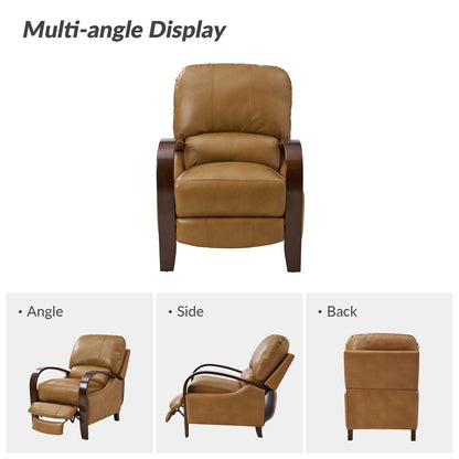 Poltrona reclinabile manuale Alex Mid-Century Modern in vera pelle con braccioli curvi in ​​legno, set da 2