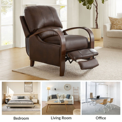 Poltrona reclinabile manuale Alex Mid-Century Modern in vera pelle con braccioli curvi in ​​legno, set da 2