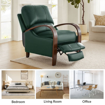 Poltrona reclinabile manuale Alex Mid-Century Modern in vera pelle con braccioli curvi in ​​legno, set da 2