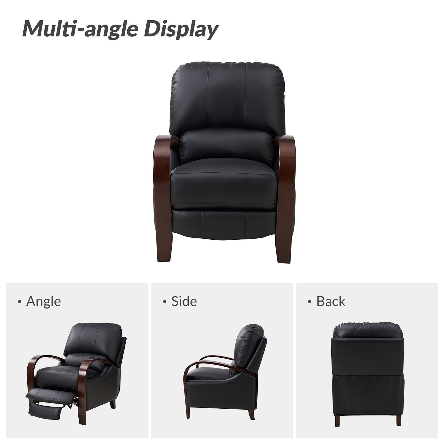 Poltrona reclinabile manuale Alex Mid-Century Modern in vera pelle con braccioli curvi in ​​legno, set da 2