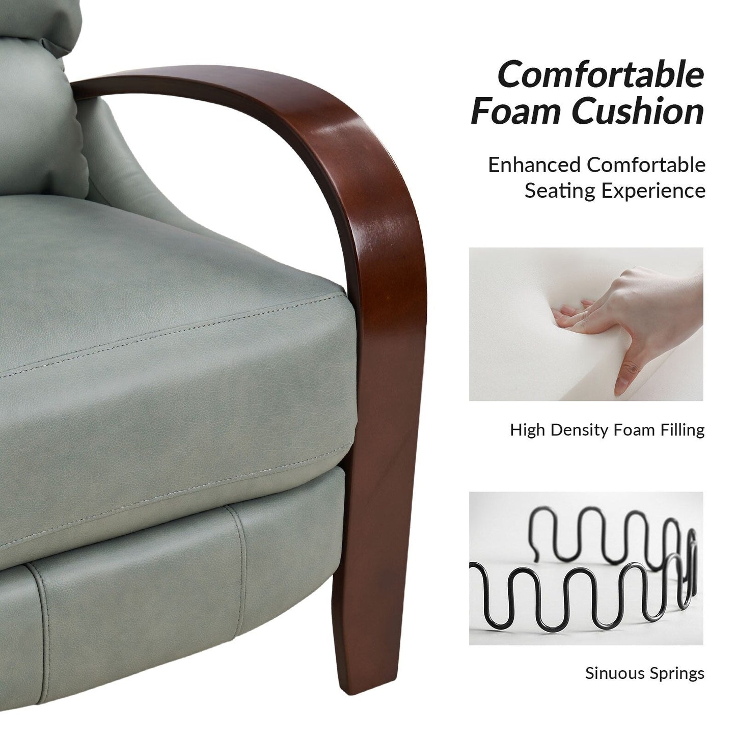 Poltrona reclinabile manuale Alex Mid-Century Modern in vera pelle con braccioli curvi in ​​legno, set da 2