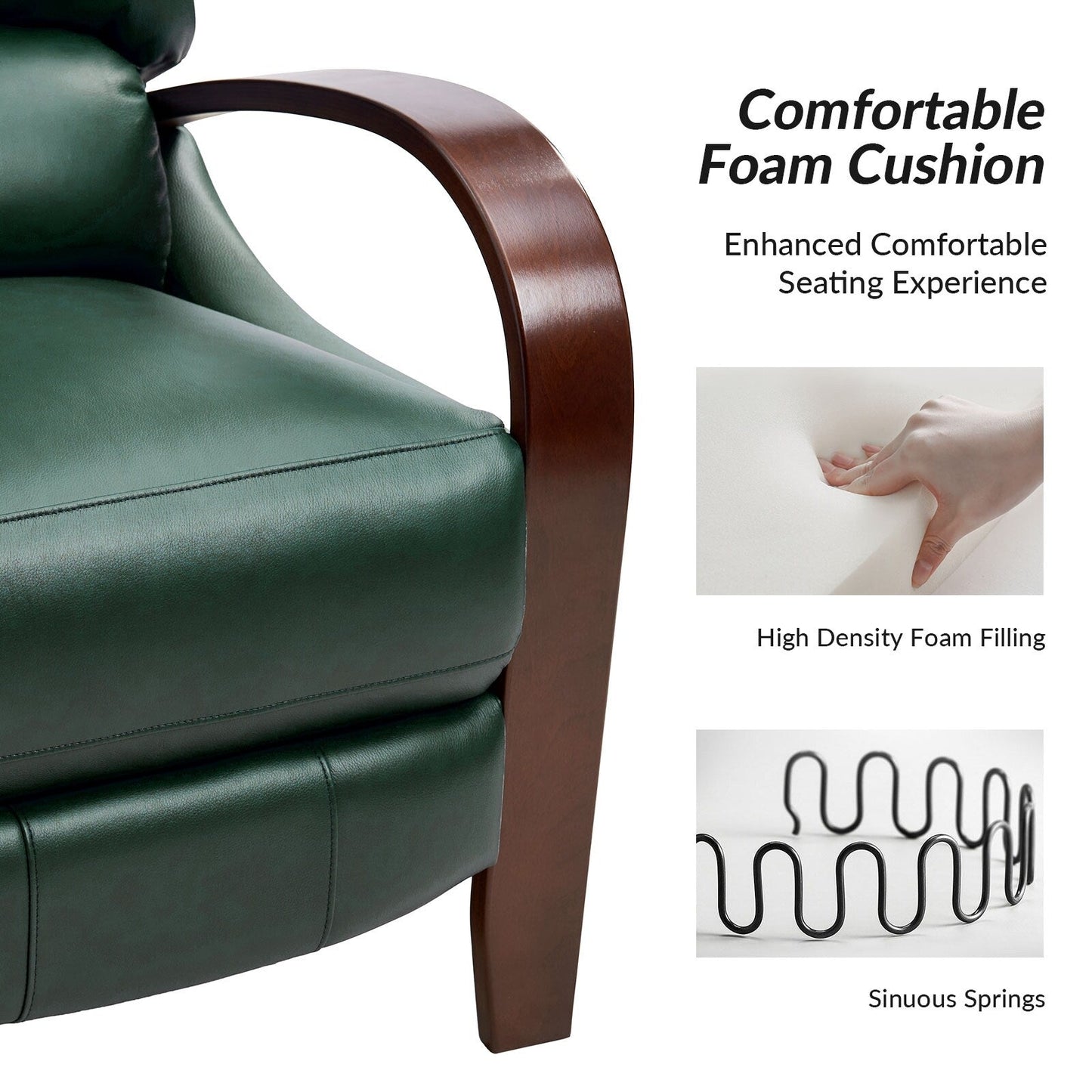 Poltrona reclinabile manuale Alex Mid-Century Modern in vera pelle con braccioli curvi in ​​legno, set da 2