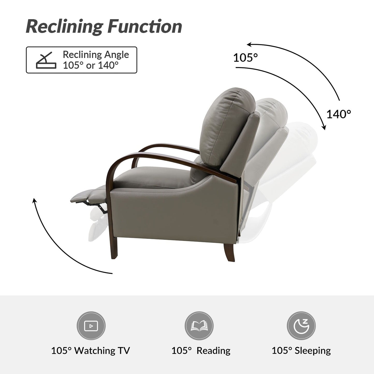 Poltrona reclinabile manuale Alex Mid-Century Modern in vera pelle con braccioli curvi in ​​legno, set da 2