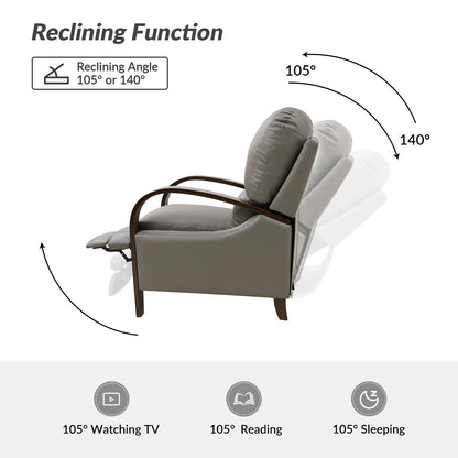 Poltrona reclinabile manuale Alex Mid-Century Modern in vera pelle con braccioli curvi in ​​legno, set da 2