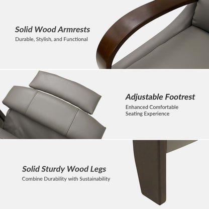 Poltrona reclinabile manuale Alex Mid-Century Modern in vera pelle con braccioli curvi in ​​legno, set da 2