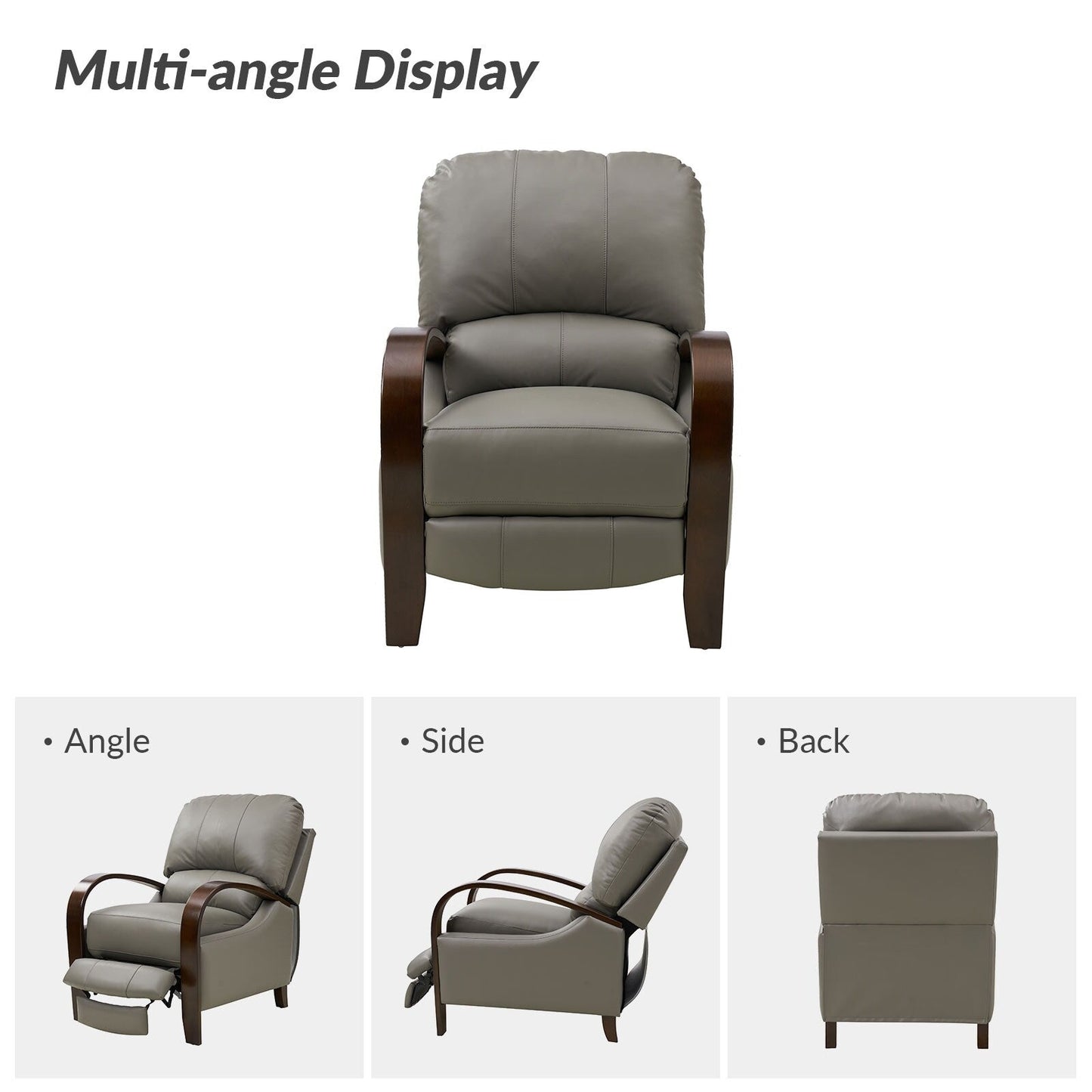 Poltrona reclinabile manuale Alex Mid-Century Modern in vera pelle con braccioli curvi in ​​legno, set da 2