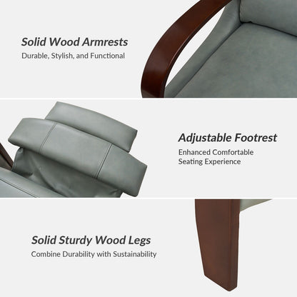 Poltrona reclinabile manuale Alex Mid-Century Modern in vera pelle con braccioli curvi in ​​legno, set da 2