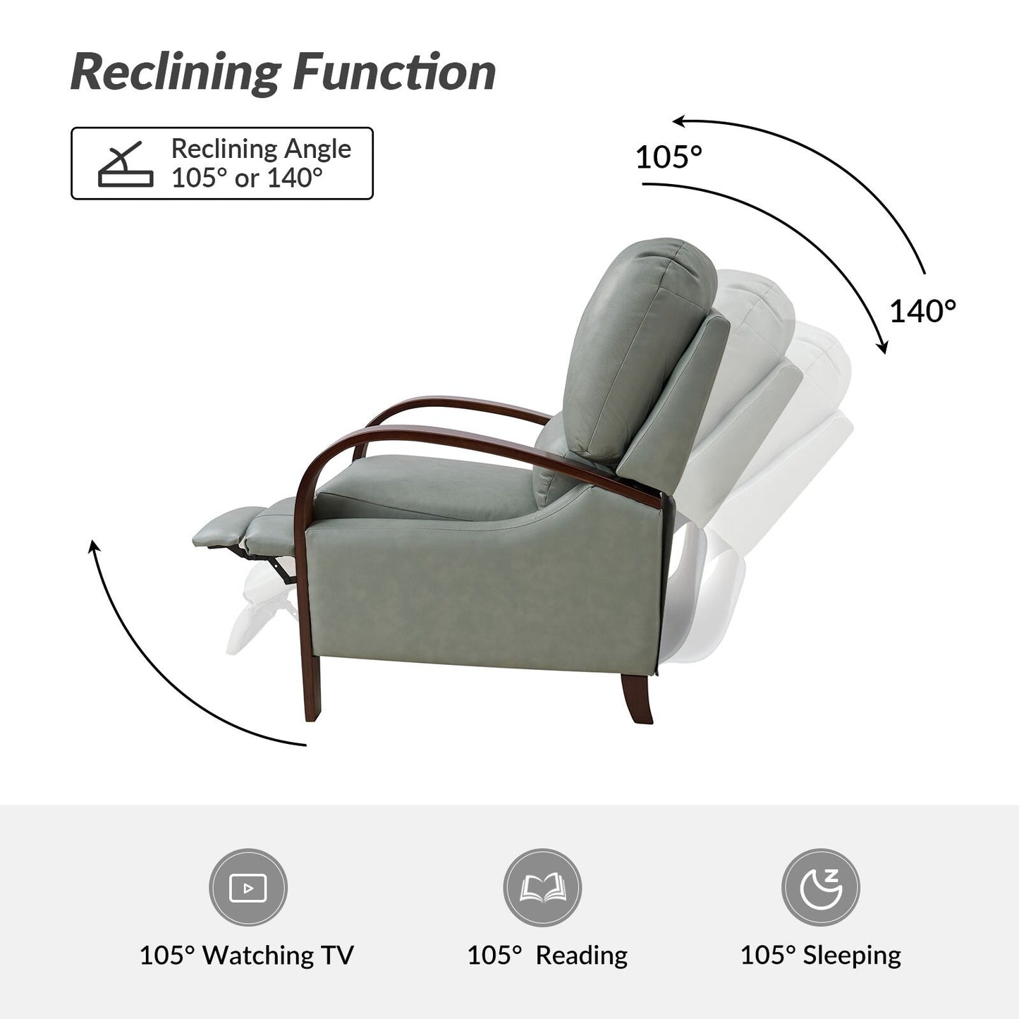 Poltrona reclinabile manuale Alex Mid-Century Modern in vera pelle con braccioli curvi in ​​legno, set da 2