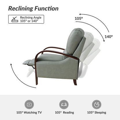 Poltrona reclinabile manuale Alex Mid-Century Modern in vera pelle con braccioli curvi in ​​legno, set da 2