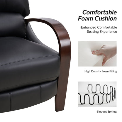 Poltrona reclinabile manuale Alex Mid-Century Modern in vera pelle con braccioli curvi in ​​legno, set da 2